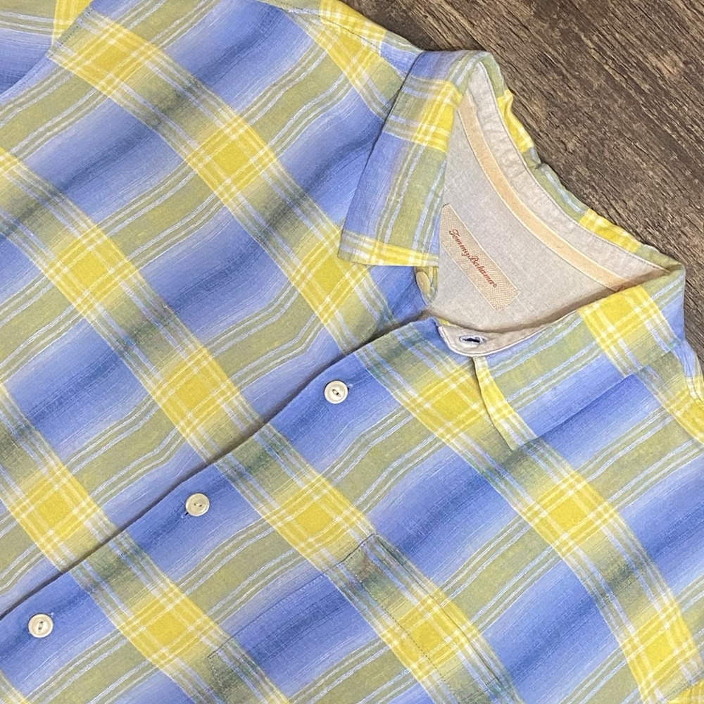 Tommy Bahama Plaid Camp Shirt 100% Linen Resort Coastal Short Sleeve XXL Dadcore